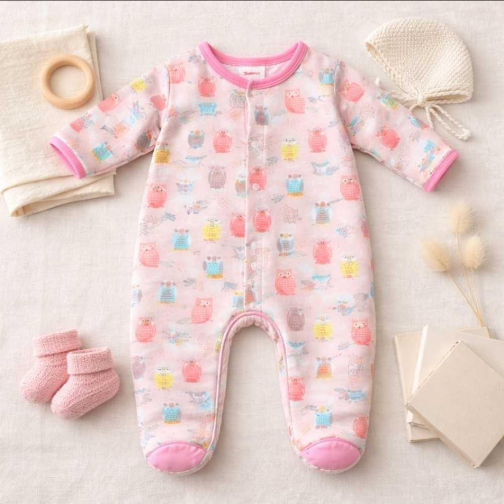 Zutano Itzy Bitzy Owl Print Footed Sleeper 3M Pink Cotton Baby Pajamas c.2014